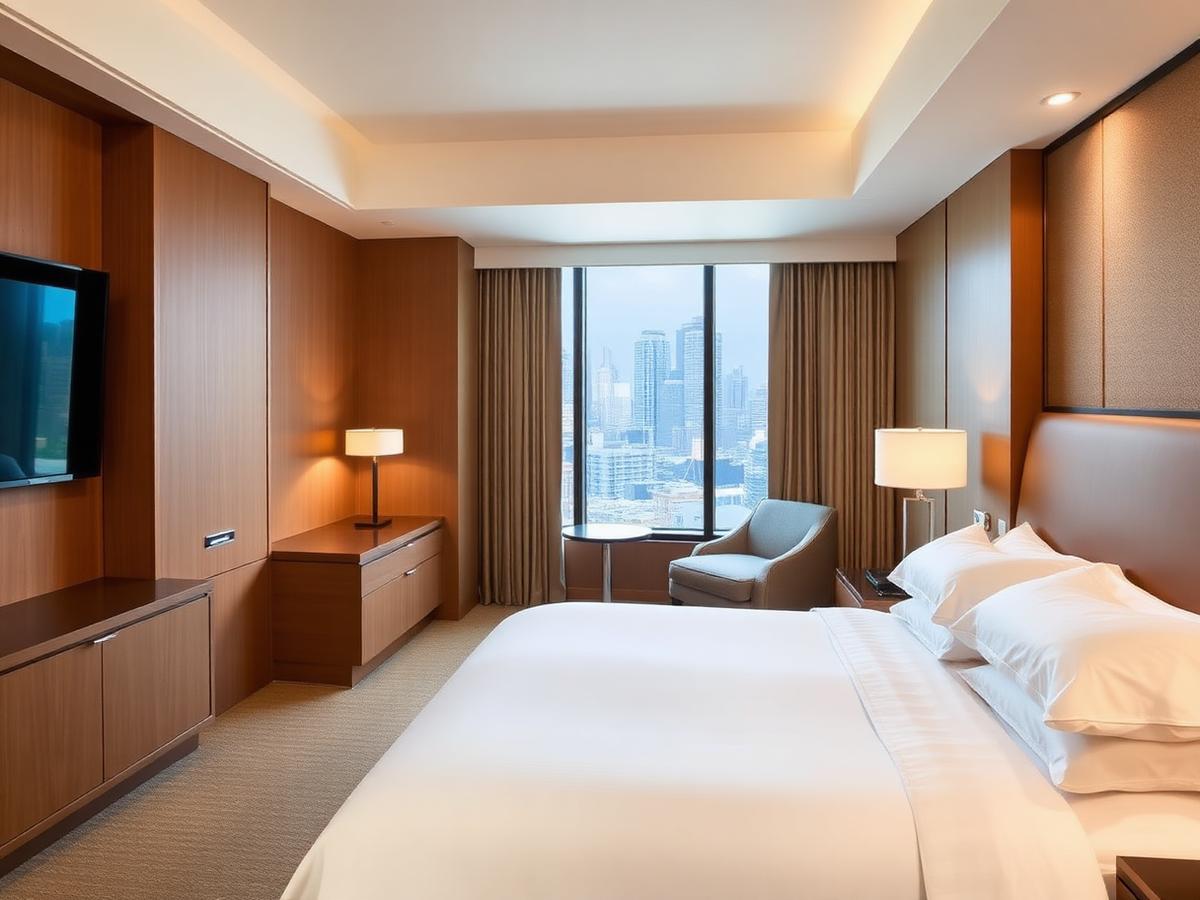 Guest room at the Hyatt Regency Tokyo with a king bed and Shinjuku skyline view