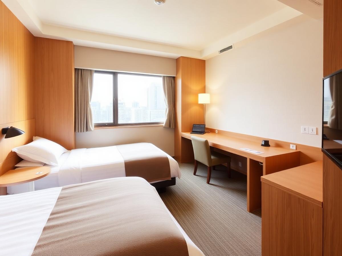 Contemporary guest room at the Mercure Osaka Namba with twin beds and a city view